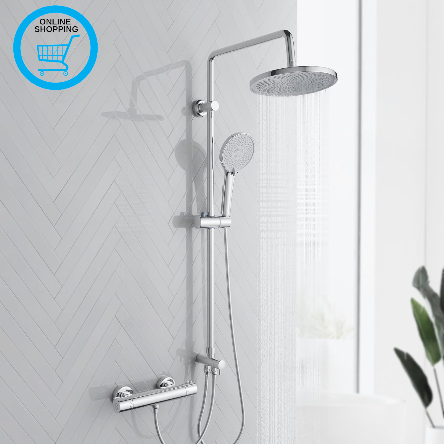 Thermostatic Shower Mixer Set,Shower Riser Rail Kit with round Overhead Rainfall