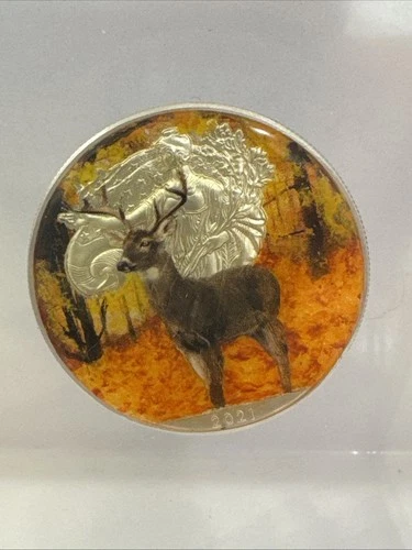 2021 American Eagle Colorized Buck Painted 1 oz .999 Fine Silver Coin RARE!!