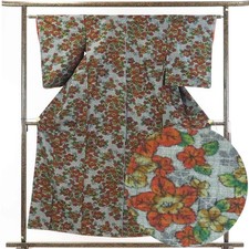 Clearance Recycled Tsumugi Silk Kimono, Gray Floral Lined, Unused (S)
