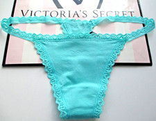 VICTORIA'S SECRET Cotton V-String Thong Panty VS Lace Trim S M XL Aqua Blue NWOT