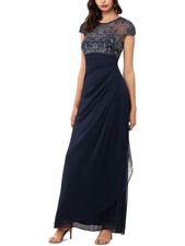 Xscape Short Sleeve Long Sheer Matte Jersey with Bead Top Navy 12