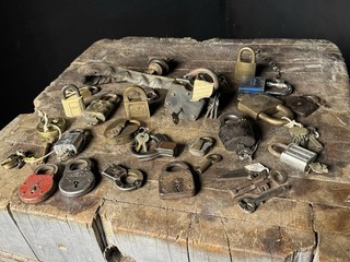 A41 Antique Rare Antique Padlock Key Lot Brass Embossed 1800’s Etc