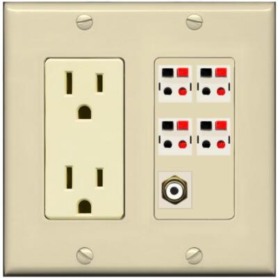 4 Port Speaker Wire Plug Jack Wall Plate RCA for Subwoofer Receptacle Ivory AV