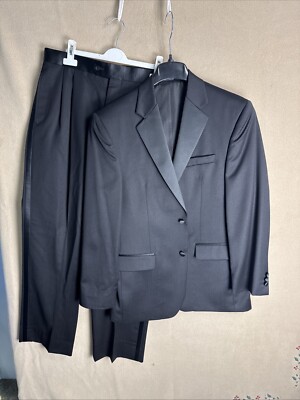 Pronto Uomo Tuxedo 38R 34x30 Two Button Black Stirped Pants Wool 2 Piece Suit