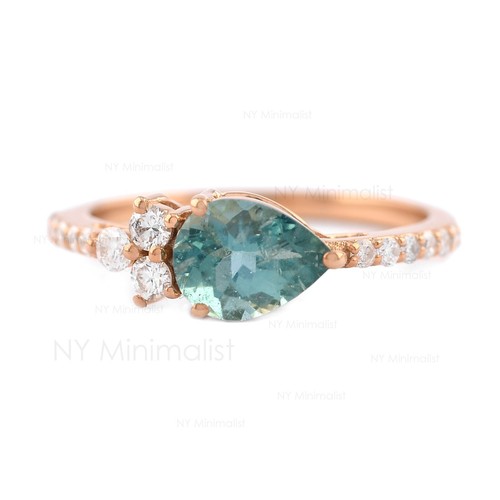Halo Pear Green Tourmaline SI Clarity G-H Diamond Solid 18K Yellow Gold Ring - Picture 19 of 22