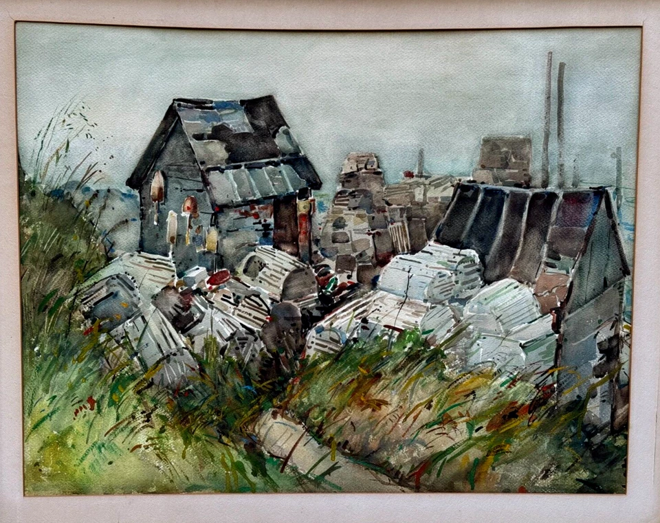 STEVENS SIGNED WATERCOLOR PAINTING MAINE LOBSTER CRAB FISHING TRAPS BUOY MARINA - Image 2 of 4