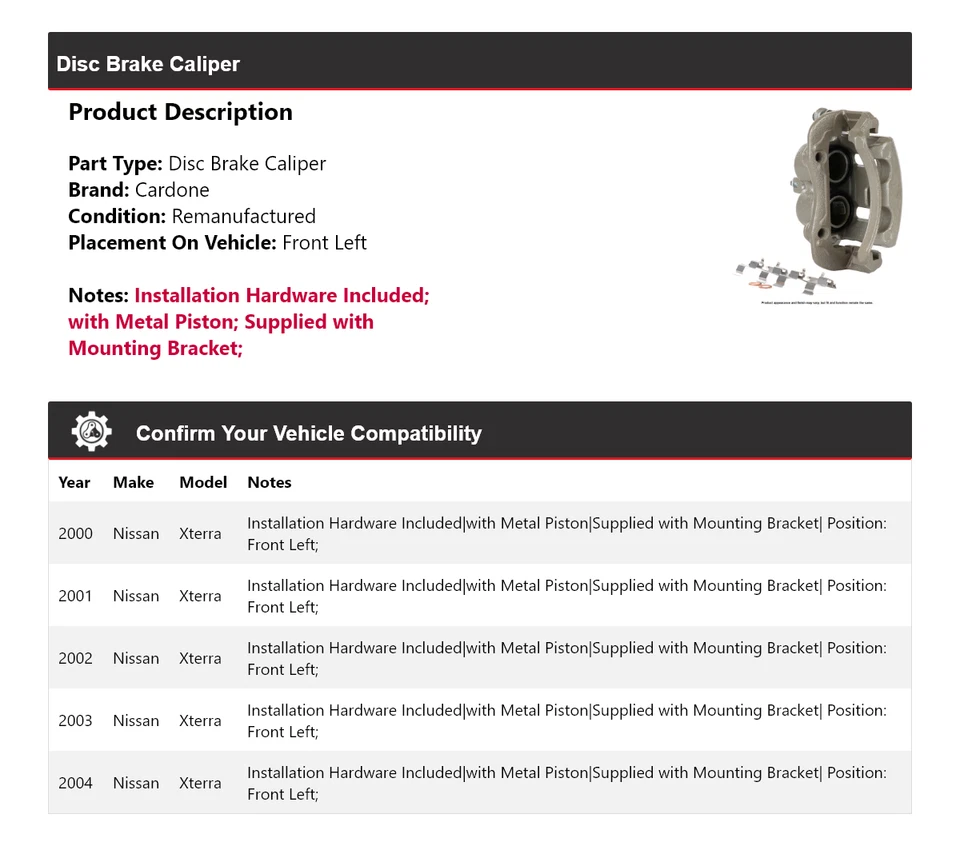 Pinza de freno de disco delantera izquierda cardone 2001 2002 2003 para Nissan Xterra 2000-2004 Foto 2 de 4