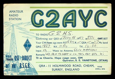 QSL Card Radio UK G2AYC Holmwood Road Cheam Surrey 1947 S E Vanstone   W048