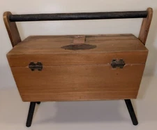 Vintage 1950s Wooden Sewing Box Worker Handmade Legs, Hinged, Portable 12x10"
