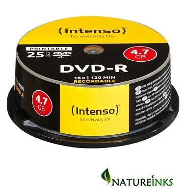 25 Intenso Blank Printable DVD DVD-R 16x 4.7GB 120 mins discs Cakebox 4801154