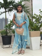 Fancy Style Pure Chinnon Silk Sky Top Dhoti With Dupatta For Women  Girls