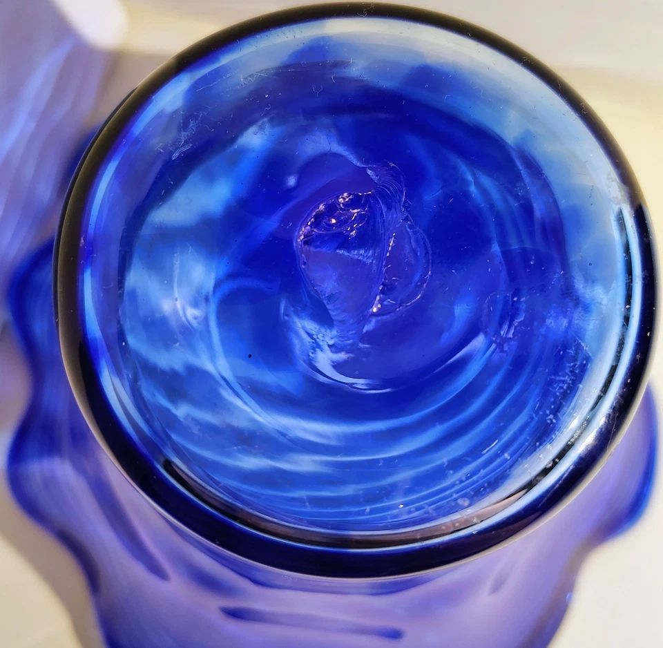 Cobalt Blue Ruffled Hand Blown Art Glass Vase - Image 4 of 4