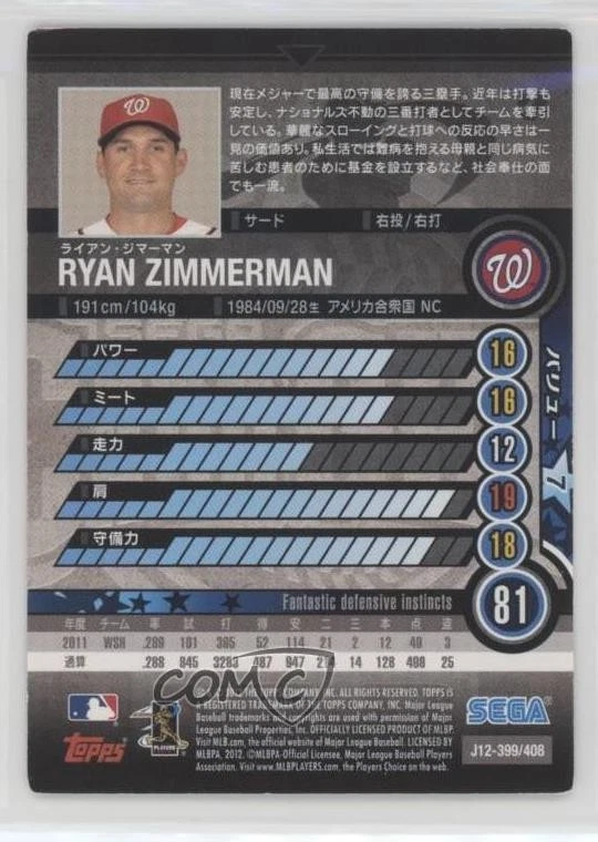 2012 Topps Sega Card-Gen Ryan Zimmerman #J12-399 - Image 2 of 2