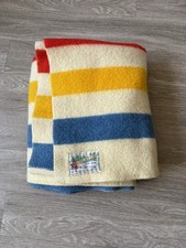 Vtg ORRLASKAN 100% Pure Wool Blanket 3+3 Stripes Red Yellow Blue 64x71