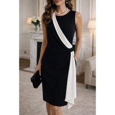 Lauren Ralph Lauren Black White Sheath Dress Sleeveless Contrast Drape Size 16