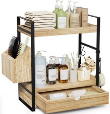 2-Tier Bathroom Counter Organizer Wooden Vanity Shelf with Drawer  Basket