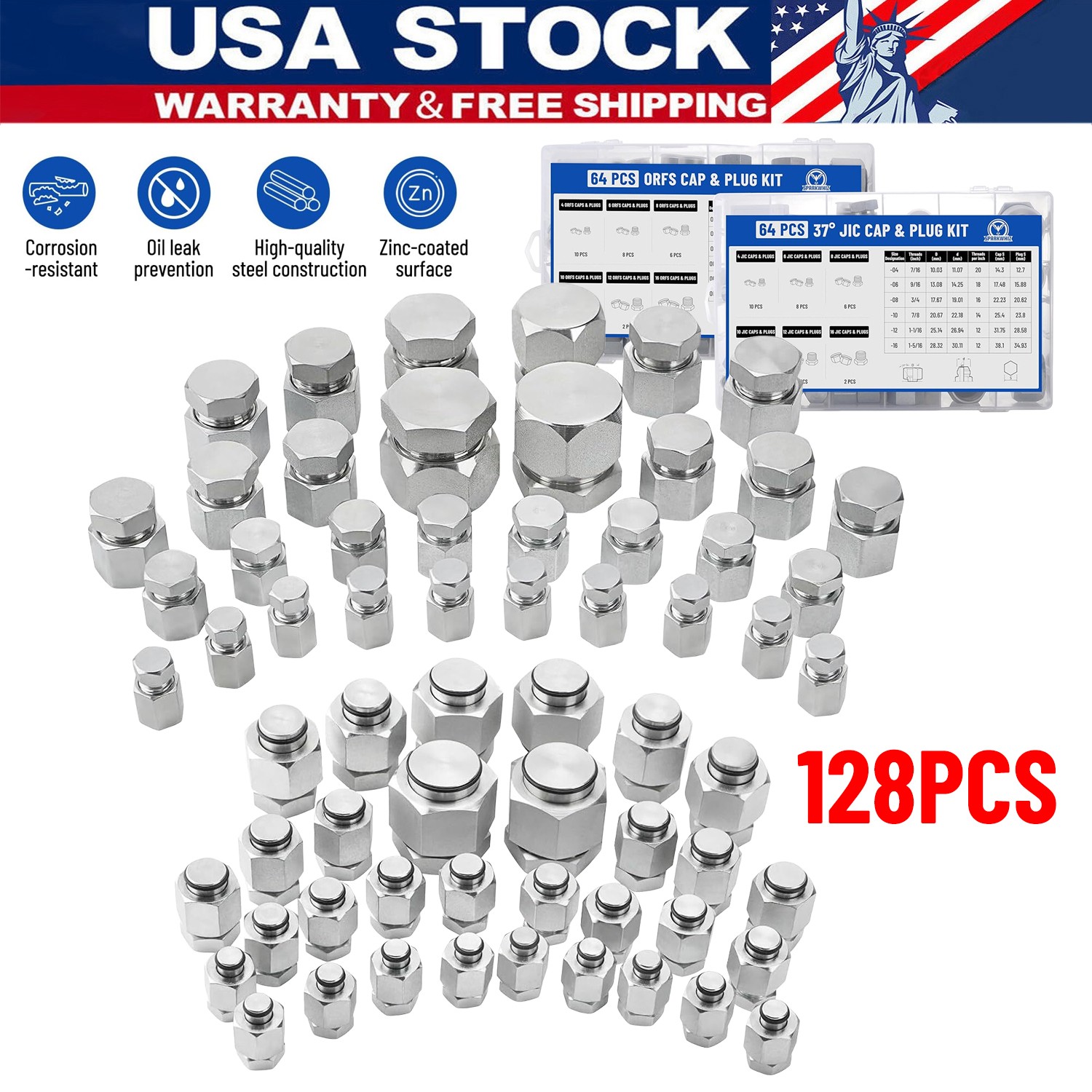 128PCS JIC & ORFS Master Industrial Hydraulic Cap & Plug Kit Size 4 6 8 10 12 16
