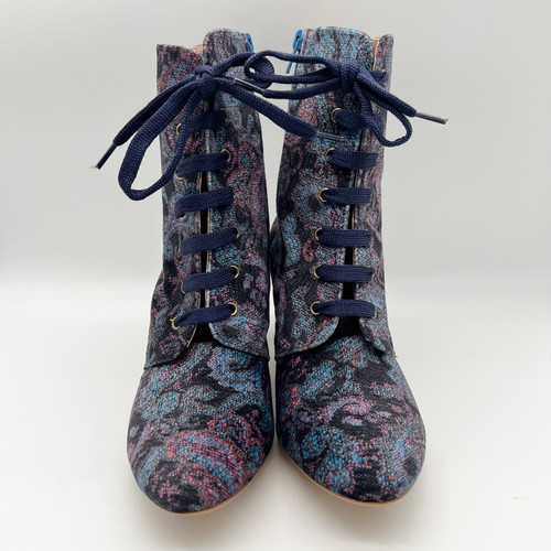 Sundance Ophelia Blue Paisley Velvet Lace Up Heeled Ankle Boots Women’s 10 EU 41 - Picture 3 of 13