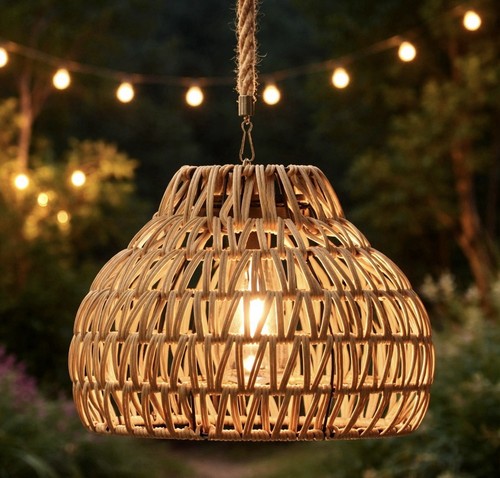Lampe LED de Jardin Style Rotin Suspendue Naturelle, Solaire : Imperméable : 21cm H - Photo 1/3