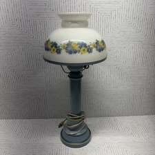 VTG Blue Tole Style Desk Lamp 22” Floral Glass Shade