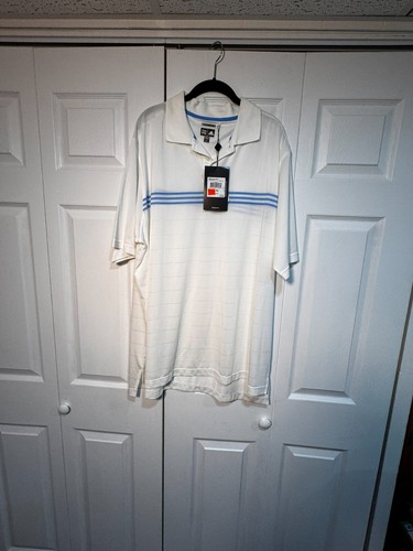 Adidas XXL ClimaCool weiß mit blauen Streifen, UPF 15+ Cool Max Golfshirt