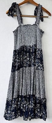 Keren Hart Midi Smocked Dress Women s Large Blue Cottagecore Tied Straps