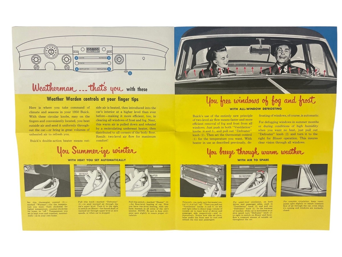 Vintage 1950 BUICK Weather Warden VENTI-HEATER Foldout Brochure MCM  GRAPHICS Car