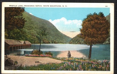 Profile Lake NH Postcard Covered Docks and Man Sitting by Water Posted 1929