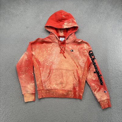 Champion Women's Orange Acid Wash Reverse Weave Hoodie Spell Out Sleeve  Size M | eBay
