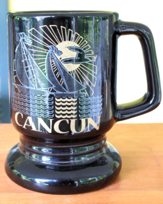 Cancun Mexico Pedestal Souvenir Coffee Mug 16 oz. Art Deco Sailboats Sun Seagull