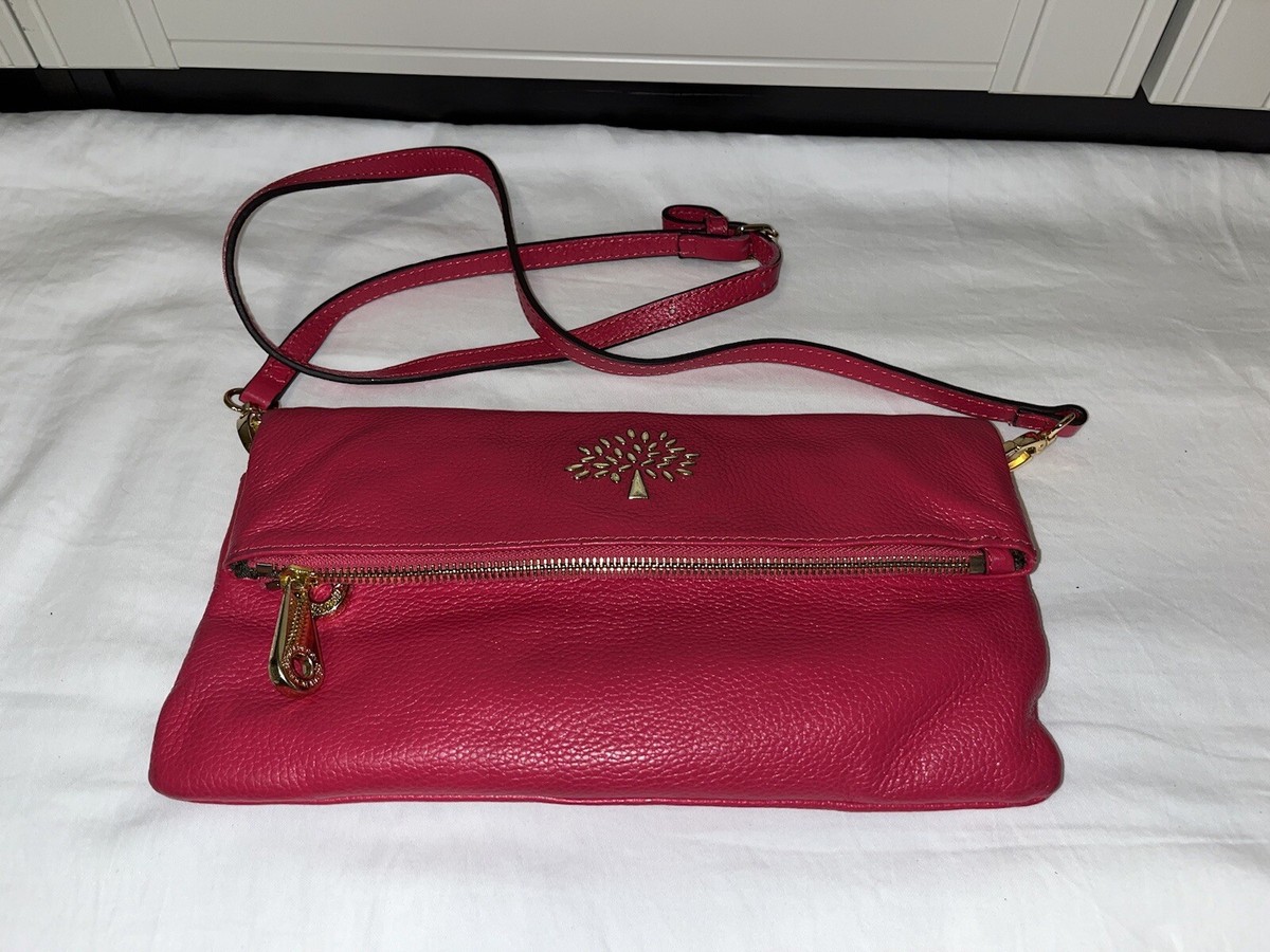 mulberry Fuchsia Pink leather crossbody Clutch with foldover 