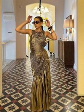 Gold Sequins Dess Sleeveless High Waist Slim Dresses Elegant Party Evening Robe