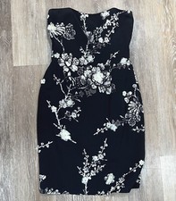 David Meister Sz 4 Black SILK Ivory Lace Floral Strapless Sheath Pencil Dress