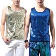 Mens Glitter Sequins Vest Tank Top Dance Party Stage Shirts Showman Costume Sexy