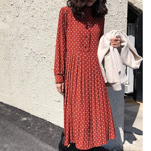 Lady Chiffon Pleated Polka Dot Midi Dress Long Sleeve Elasticated High Waist New - Picture 12 of 13