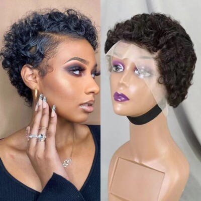 13x4 Lace Frontal Short Pixie Cut Curly Wave Human Hair Wig for Women 180%