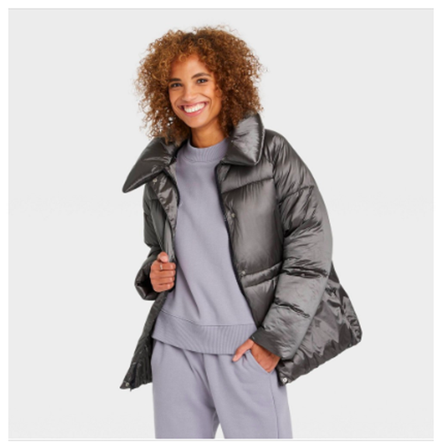 Women's Medium Length Shine Puffer Jacket - A New Day Gray M
