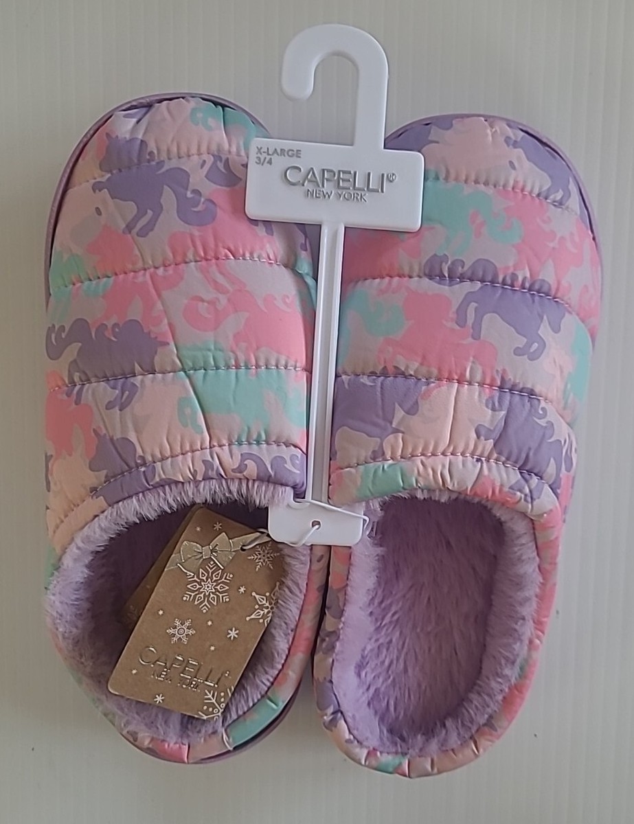 Girls Unicorn Slippers Size XL 3/4 Pink Purple Faux Fur