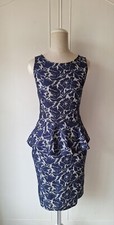 WAREHOUSE Blue Floral Lace Stretch Pencil Dress Peplum Evening Party Size 10