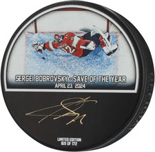Sergei Bobrovsky Panthers Signed 2024 SC Playoff Diving Save Hockey Puck LE 172