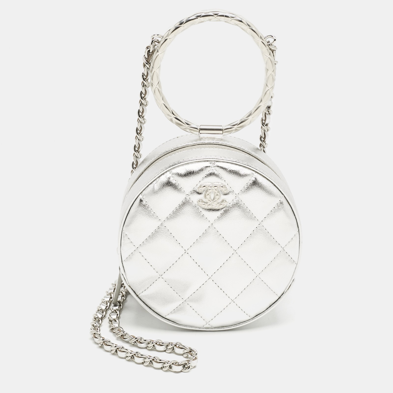 Chanel Silver Quilted Leather Round Bracelet Clutch Bag
