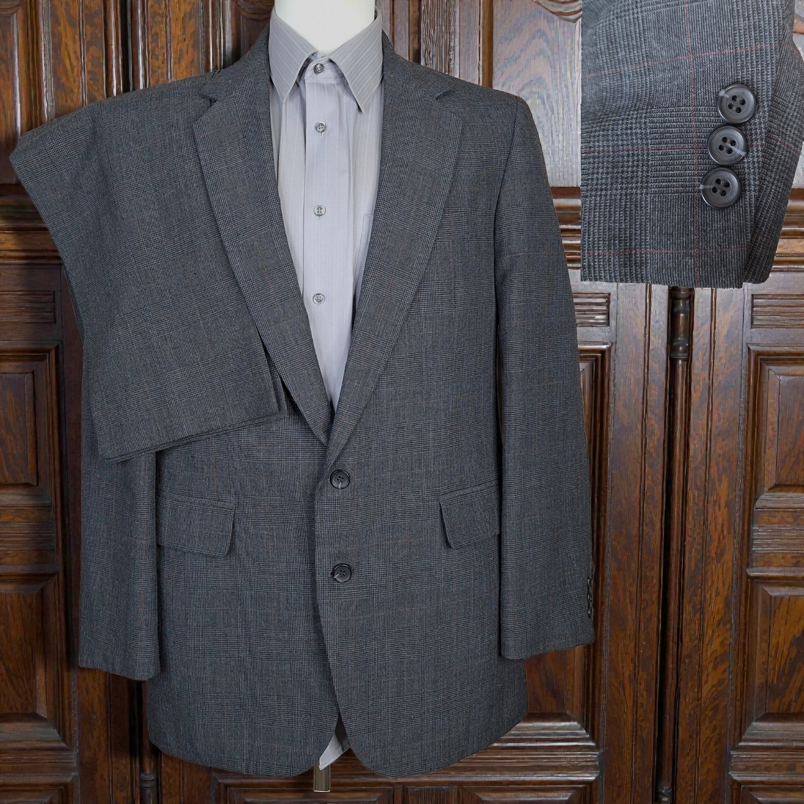 Haggar 2 Piece Suit Mens 42L 34X32 Gray Plaid Made in USA VTG
