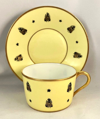 Rare 1956 Atelier Le Tallec Paris HP Cup & Saucer Black & Gold Bees on Yellow
