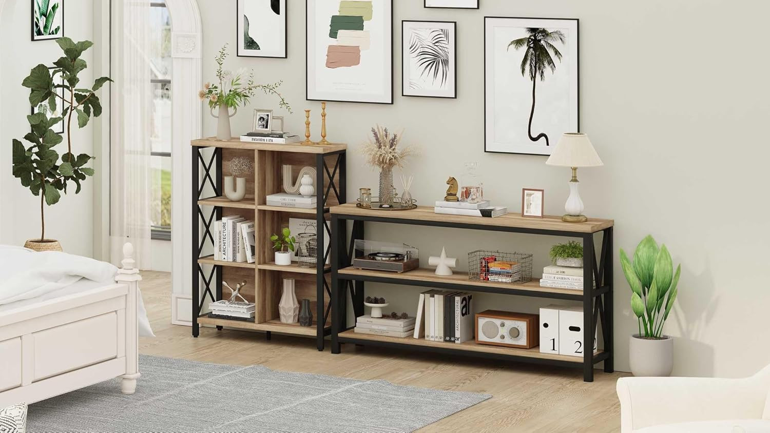 Rustic Oak Console Table with 6 Cube Storage Organizer for S