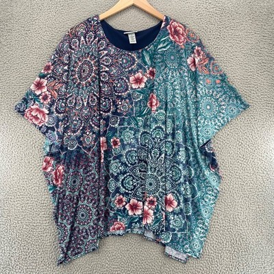 Catherines Top Womens 1X Plus Green Multi Floral Poncho Sleeves Stretch Tunic