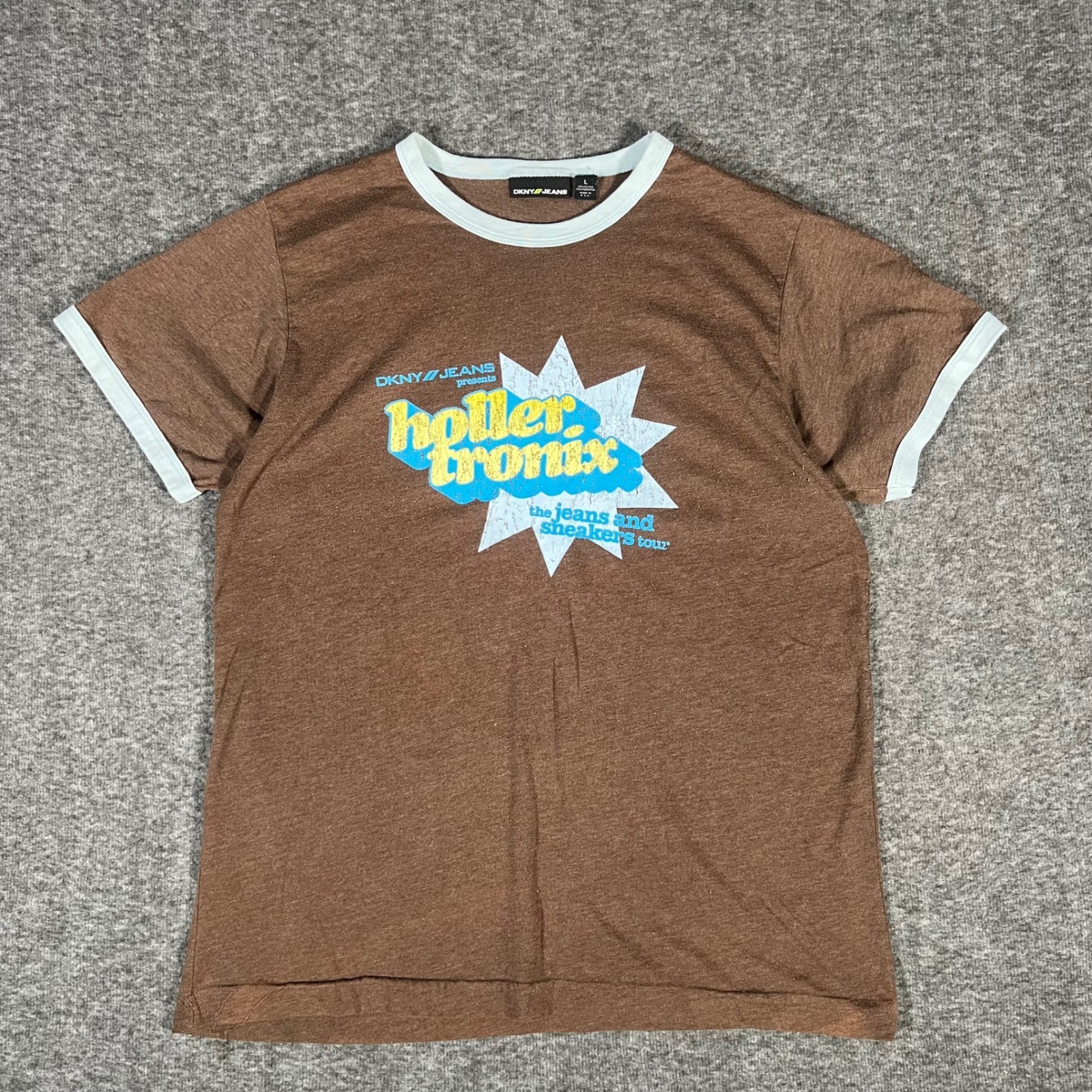 Vintage Dkny Hollertronix Fader Diplo Tour Ringer T-Shirt Brown Large Y2k