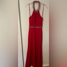 Aspeed Design - Embellished Halter Neck Sheath Evening Red Dress Small