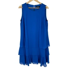 New Lauren Ralph Lauren Georgette Blue Sleeveless Tiered Chiffon Dress Size 12