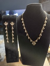 Vintage Gold Tone Rhinestone Scroll Necklace & Dangle Earring Set