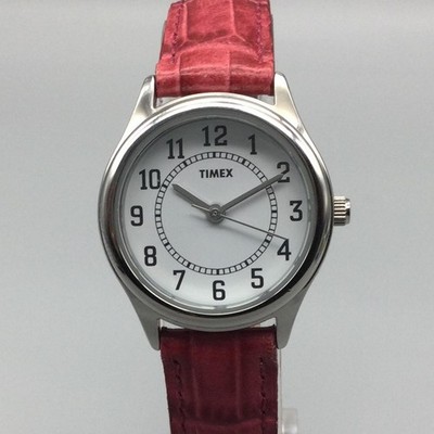 Timex Womens Watch 28mm White Dial Red Leather Silver Tone New Battery